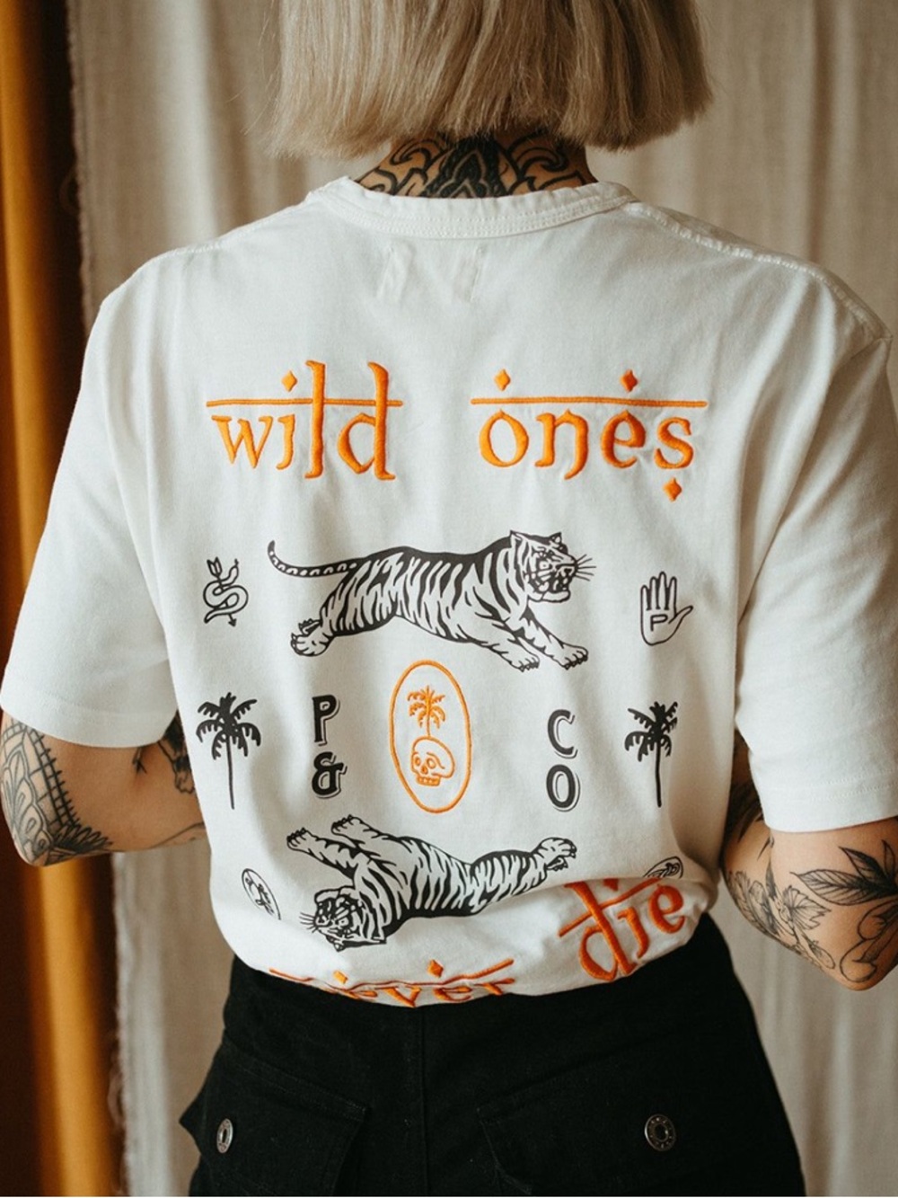 P&Co White Graphic Shangri-La Tee with Orange "Wild Ones" Back Print - L - NWT